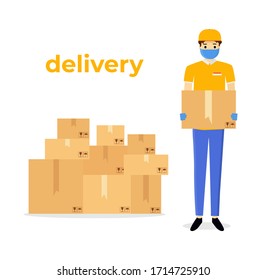 Online Delivery Service Web Banner Template. Courier in a face mask with a box in his hands. Smart Logistic Concept. Flat Isometric Vector Illustration.