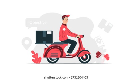 Online Delivery Service Web Banner Template. Courier on Scooter Delivering Parcel Box. Smartphone with Mobile App for Delivery Tracking. Smart Logistic Concept. Flat Isometric Vector Illustration