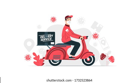 Online Delivery Service Web Banner Template. Courier on Scooter Delivering Parcel Box. Smartphone with Mobile App for Delivery Tracking. Smart Logistic Concept. Flat Isometric Vector Illustration