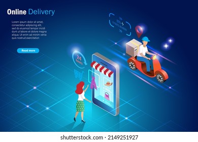Online delivery service. Woman online shopping on smartphone with delivery man on scooter express deliver shipment. Innovation technology, online shopping and order delivery concept.