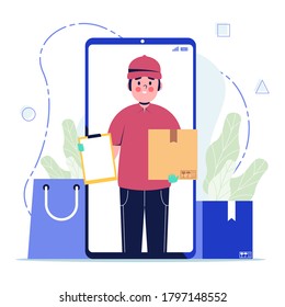 Online delivery service worker with cardboard and box. Flat design vector illustration