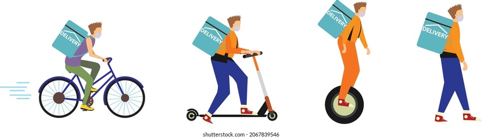 Online delivery service.Electric scooter, gyroboard, scooter and bicycle courier. Delivery service concept. Flat Style
