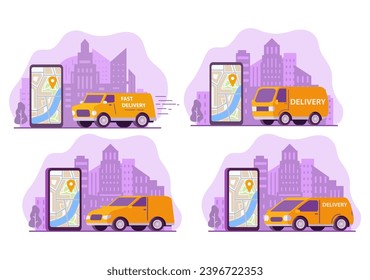 Online delivery service.Online order tracking with map.Delivery service app on smartphone. City skyline cargo van.Freight car.Vector flat illustration.Delivery van.Delivery and online shopping.