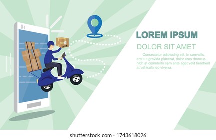 Online delivery services application and motor courier service. Vector, banner, graphic.