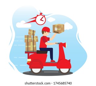 Online delivery services application and motor courier service. Vector, banner, graphic.