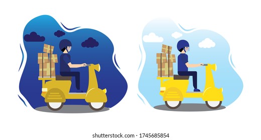 Online delivery services application and motor courier service. Vector, banner, graphic.