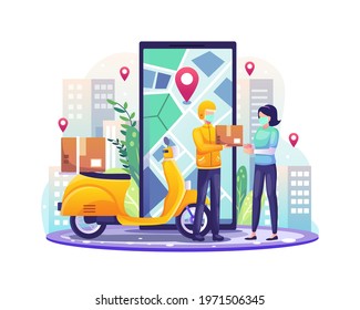 Online delivery services concept with delivery man courier and scooter deliver a parcel to customer flat vector illustration