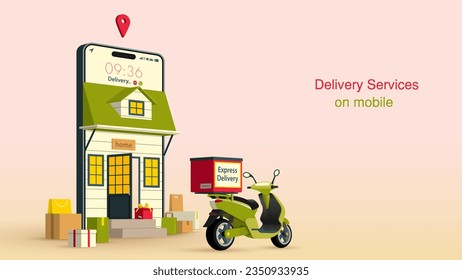 Online Delivery Services Concept, Online Shopping on Mobile, Fast and Free Delivery By Scooter, Flat Design For E-Commerce, Modern Vector, Illustration