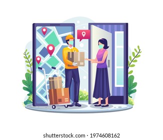 Online delivery services concept with a woman receiving parcel from delivery service courier through smartphone flat vector illustration