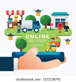 online delivery services concepts, online order tracking with hand holding mobile. online shopping order