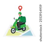 online delivery services. Delivery man riding motorbike scooter with the box stock illustration