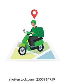 online delivery services. Delivery man riding motorbike scooter with the box stock illustration