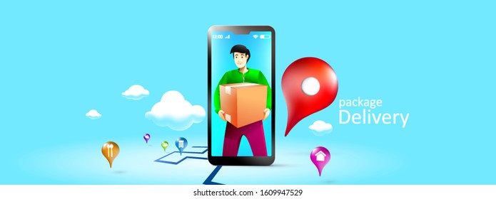Online delivery services smartphone. Express delivery mobile concept by phone, Delivery parcel to door by E-commerce order. Vector illustration