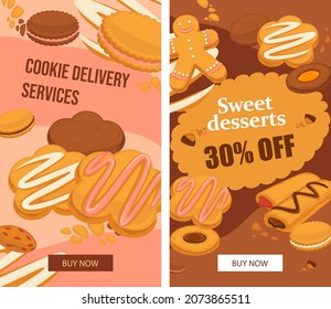 Online delivery services for sweets and desserts with 30 percent off price. Products with lower cost and cheap price. Promotional banner or poster with discounts and sales. Vector in flat style