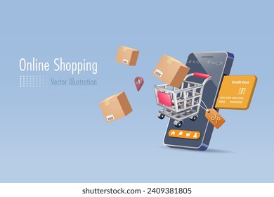 Online delivery and shipment distribution. Shipment boxes in shopping trolley cart on smartphone screen. Online shopping concept. 3D Vector.