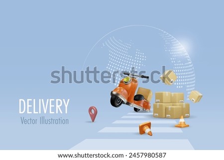 Online delivery shipping global service. Driving scooter delivers shipment box on road. Online shopping, delivery and logistic freight distribution shipment. 3D vector.