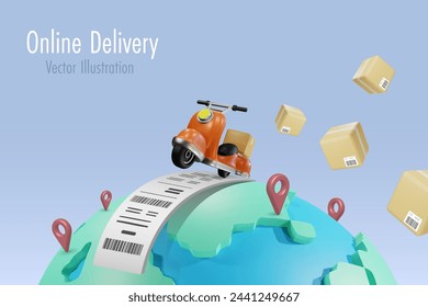 Online delivery shipping service. Driving scooter delivers shipment box on bill receipt on globe. Online shopping, delivery and worldwide freight distribution shipment. 3D vector created from graphic 