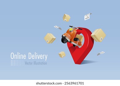 Online delivery shipping service. Map pin with scooter delivers shipment boxes. Online shopping, delivery service. 3D vector.