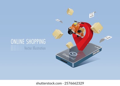 Online delivery shipping service. Map pin with scooter on smartphone delivers shipment boxes. Online shopping, delivery service. 3D vector.