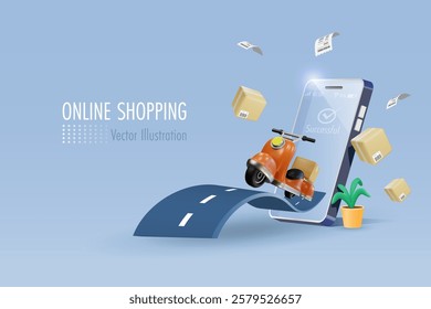 Online delivery shipping service. Scooter delivers shipment boxes on road from smartphone. Online shopping, delivery and distribution service. 3D vector.