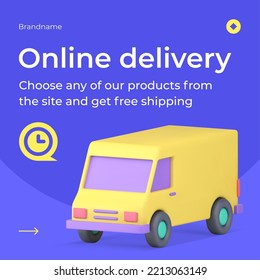 Online delivery shopping bonus freight carrier transportation van truck social media post 3d icon vector illustration. Internet logistic service cargo express shipment commercial moving vehicle