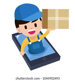 Online delivery from shopping online. Fast service concept from smartphone screen. Postman on mobile give product box. Vector illustration 
