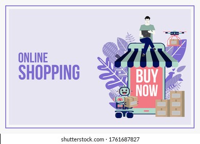 Online delivery shopping flat design with concept robot service. This design can be used for websites, landing pages.Internet shipping web banner with modern city.