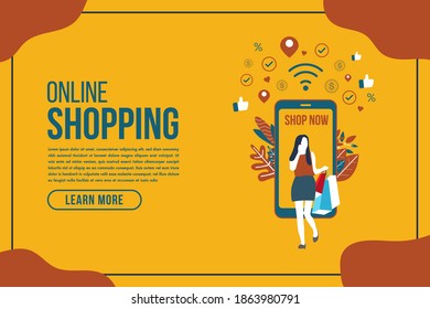 Online delivery shopping flat design with concept robot service. This design can be used for websites, landing pages.Internet shipping web banner with modern city.