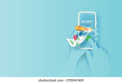 Online delivery smartphone concept idea.Fast respond delivery package shipping on mobile.Online order tracking with world map location.Logistic delivery service.parcel route on the screen Vector.