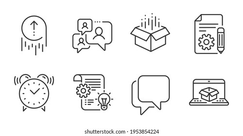 Online delivery, Talk bubble and Alarm clock line icons set. Documentation, Open box and Cogwheel signs. Swipe up, Support chat symbols. Parcel tracking website, Chat message, Time. Vector