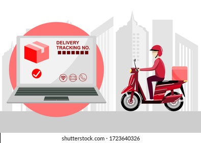 online delivery technology app on a computer laptop tracking a delivery man on motorcycle with package box, city building in the background, concept logistics and online high tech.