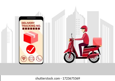 online delivery technology app on a smartphone tracking a delivery man on motorcycle with package box, city building in the background, concept logistics and online high tech.
