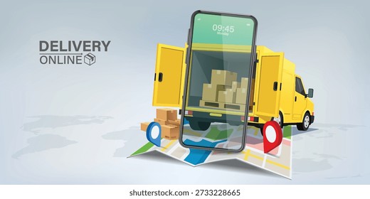 Conceito de rastreamento de entrega on-line com aplicativo de smartphone mostrando a localização do pacote em tempo real, van de entrega amarela com caixas de carga e encomendas abertas, logística inteligente, envio de comércio eletrônico, entrega de última milha 