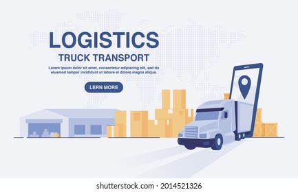 Online delivery transport logistics service concept. Warehouse, truck, courier. vector illustration.