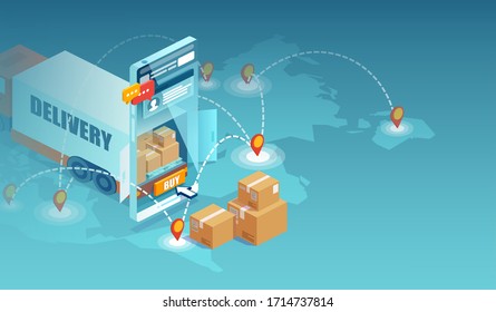 Online delivery. Vector concept of internet shopping and worldwide shipping logistics using modern technology app