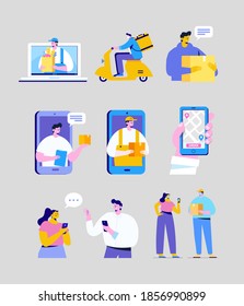 Online delivery vector set. Man receiving parcel from delivery service courier through smart phone screen. Delivery man. Internet Delivery concept. Flat vector characters set