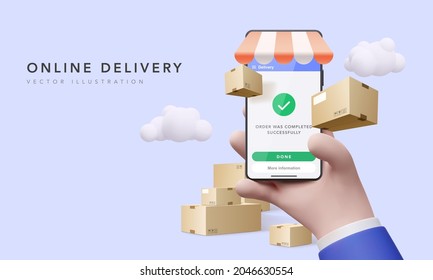 Online delivery via an app on the mobile screen to order products and ship them around the world. Conceptual delivery service for business. Vector illustration