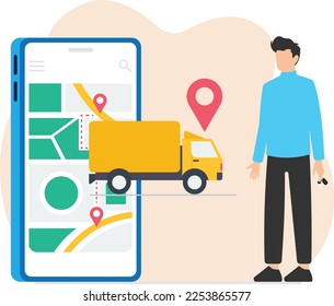 Online Delivery via smartphone, track delivery truck via smartphone, Online Delivery App Layout, Mobile Application layout vector illustration
