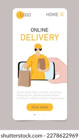 Online delivery web app vertical template. Delivery courier man holding paper bags from mobile phone. Fast online delivery service. Online order. Internet e-commerce. Vector illustration