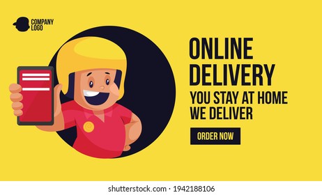 Online delivery you stay at home we deliver order now banner template. Vector graphic illustration.