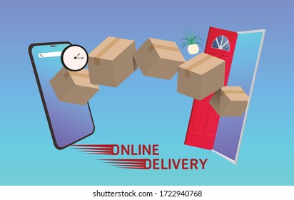 Online delivery,concept is There is a box coming out of the smartphone,vector flat.