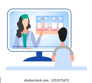 Online dental consultation about dental care and oral cavity. Healthy and diseased teeth. Visual aid for students, dentists, clinic patients. Vector illustration