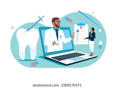 Online dentist consultate with a patient. Dental care, healthy mouth hygiene, dental problem. Modern vector illustration in flat style. Internet Medical Hospital Diagnostics. Flat vector illustration