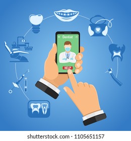 Online dentistry and dental services infographics with flat icons dentist chair, hands, smartphone, dentist, braces, cartridge syringe, x-ray and implant. Isolated vector illustration