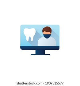 Online Dentistry Flat Icon. Telehealth Medical Care. Virtual Dentist Consultation. Telemedicine, Health Care Concept. Online Stomatology, Dental Medicine. Color Vector Illustration With Shadow