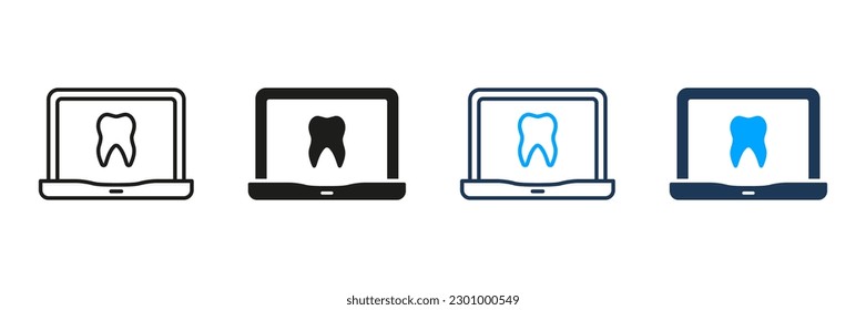 Online Dentistry Silhouette and Line Icon Set. Remote Health Diagnosis Sign. Dentist Help in Laptop Pictogram Collection. Virtual Consultation for Dental Care Symbol. Isolated Vector Illustration.