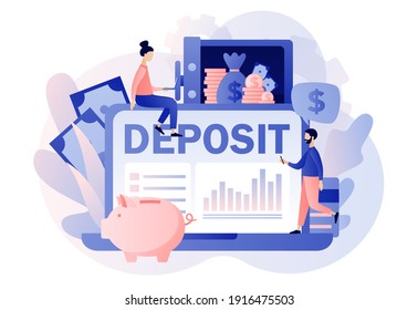 Concepto de depósito en línea. Pequeñas personas ponen dinero en un banco a salvo con dólares. Financiación del ahorro de dinero a largo plazo. Cuenta bancaria, banca, seguridad bancaria, seguridad. Estilo moderno de dibujos animados planos. Ilustración del vector