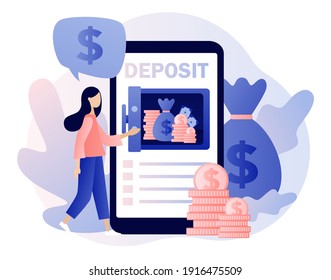 Online Deposit concept. Tiny woman put money in bank safe with dollars. Longterm money saving finance. Bank account, banking, bank security, safety. Modern flat cartoon style. Vector illustration