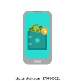 Online deposit. Mobile banking. Flat illustration of mobile phone with strongbox, with money and percents. The object is separate from the background. Vector element for icon and for your design