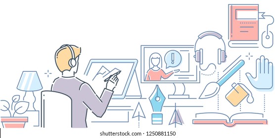 Online design course - modern line design style illustration on white background. A colorful composition with a male student drawing on a tablet, watching video tutorial, graphic tools, pen, brush